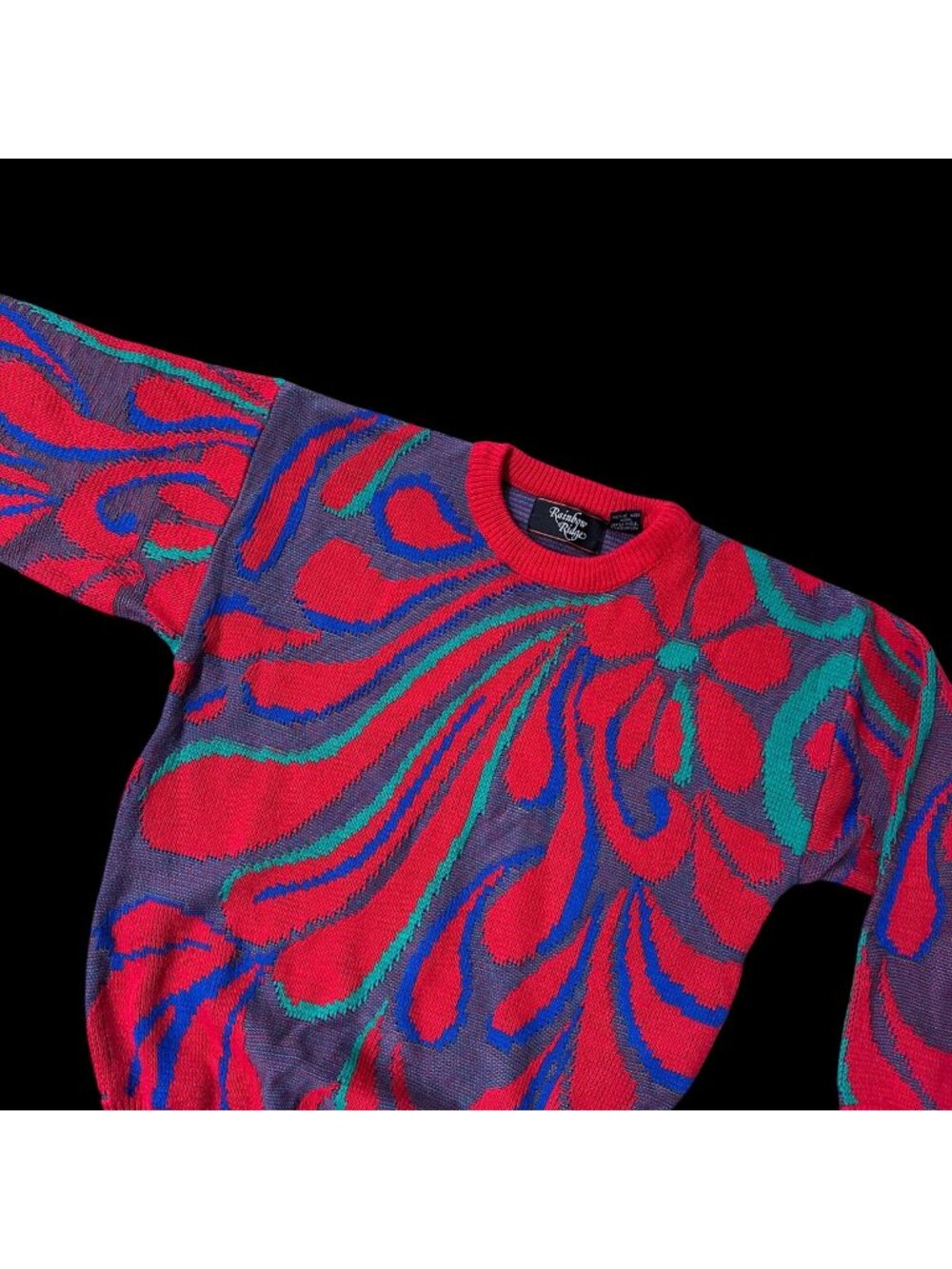 Vintage Floral Explosion Sweater Rainbow Ridge 1980s L Red Blue Funky Knit Korea
